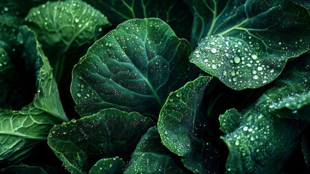 A close-up of green cabbage leaves with a dewy surface, showcasing their vibrant color and texture.の素材