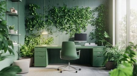 A modern workspace with a green desk, green office chair, and plenty of greenery, creating a fresh and inspiring environment.の素材