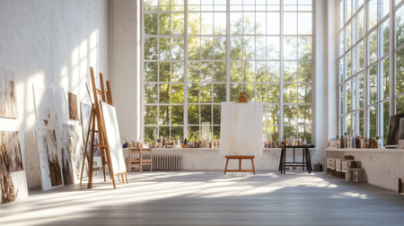 A creative studio with an easel, paints, and canvases, filled with natural light from large windows.の素材