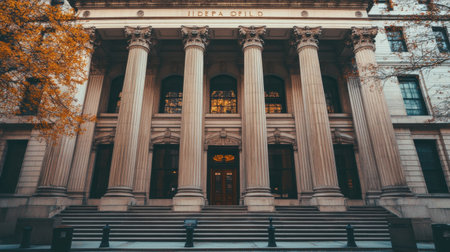 A classic government building with impressive columns, a grand entrance, and a prominent public presence.の素材