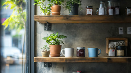 A corner shelf in a cozy displaying coffee mugs, small potted plants, and jars of homemade jam.の素材