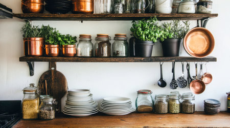 A floating kitchen shelf with hanging copper pots, jars of fresh herbs, and a stack of neatly arranged plates.の素材