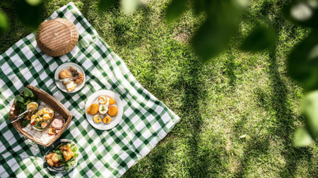 A green and white checkered picnic blanket spread out on a grassy field, with a picnic basket and plates of food.の素材