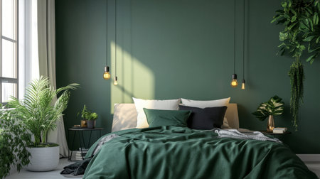 A modern bedroom with a green accent wall, green bedding, and minimalistic decor, creating a calming atmosphere.の素材