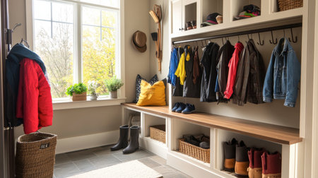 A functional mudroom with storage benches, hooks for coats, and a shoe rack, organized for busy family life.の素材