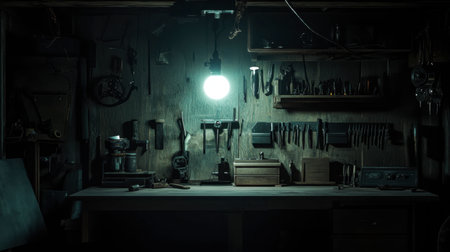 A single light bulb illuminating a dark workshop, casting intricate shadows across tools and workbenches.の素材