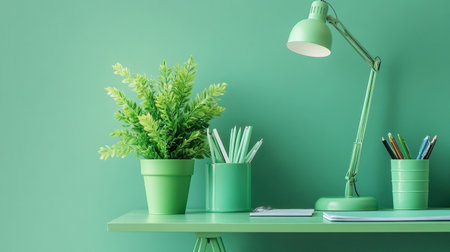 A neatly organized desk with green stationery, a green plant in a pot, and a green desk lamp, creating a productive workspace.の素材