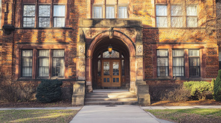 A historic brick building with intricate architectural details, large arched windows, and a welcoming entrance.の素材
