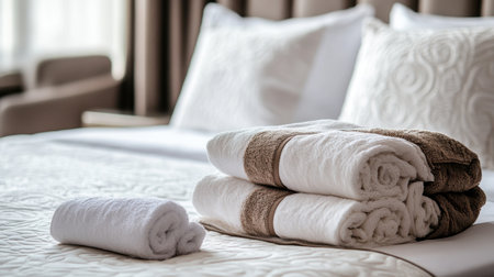 A luxurious hotel bed with perfectly arranged pillows, a plush comforter, and a folded towel at the foot of the bed.の素材
