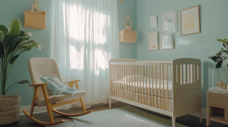A nursery with a crib, a rocking chair, and soft pastel decor, creating a peaceful environment for a newborn.の素材