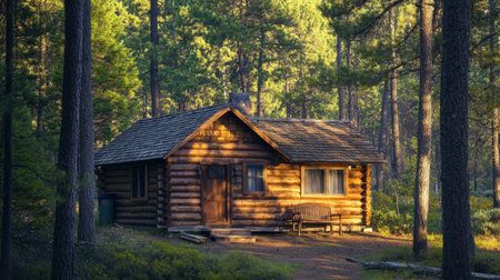 A quaint cabin in the woods with a log exterior, surrounded by tall trees and a serene natural setting.の素材