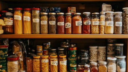 A pantry shelf stocked with canned goods, dry pasta, and baking ingredients, with labels facing forward for easy access.の素材