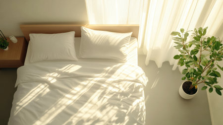 A minimalist bed with simple white sheets, a single pillow, and a small potted plant on the bedside table.の素材