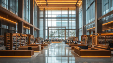 A sleek city library with a contemporary design, large glass walls, and a bright, open interior.の素材