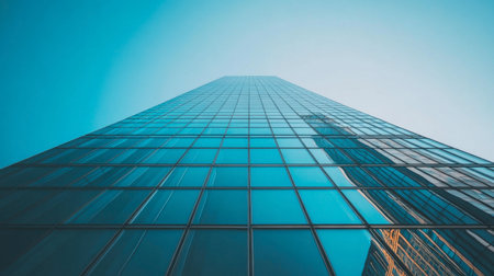 A sleek modern skyscraper with glass windows reflecting the city skyline, standing tall against a clear blue sky.の素材
