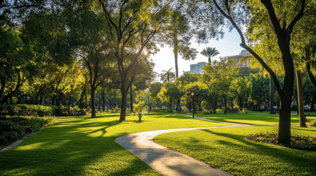 A vibrant green city park with manicured lawns, trees, and a walking path, providing a tranquil urban escape.の素材