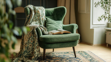 A stylish green armchair with a patterned throw blanket and matching green cushions, set in a cozy reading nook.の素材