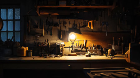 A single light bulb illuminating a dark workshop, casting intricate shadows across tools and workbenches.の素材