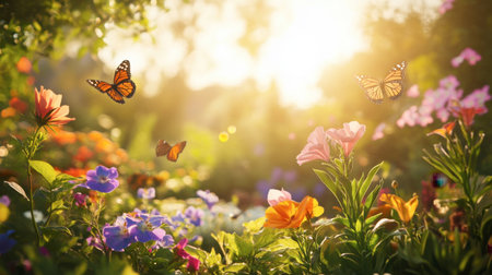 A beautiful garden with a variety of colorful flowers and butterflies dancing in the sunlight.の素材