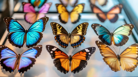 A butterfly collection displayed in a glass case, showing a variety of wings in different colors and patterns.の素材