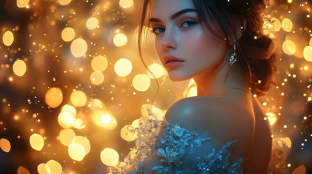 A beautiful woman in an elegant gown, posing gracefully against a backdrop of twinkling lights.の素材