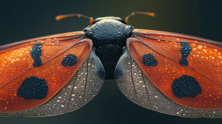 A close-up of a ladybug wings just before takeoff, with tiny details of the wing covers visible.の素材