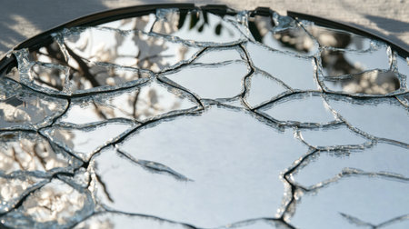 A close-up of a cracked mirror, symbolizing broken reflections or fragmented perceptions.の素材