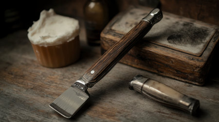 A classic straight razor with an exposed blade, lying next to a shaving brush and soap.の素材
