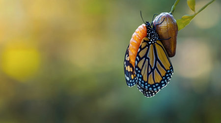 A close-up of a monarch butterfly emerging from its chrysalis, with its new wings unfolding.の素材