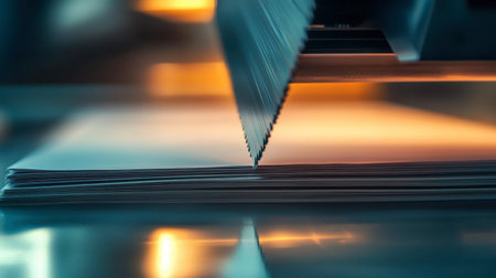 A close-up of a paper cutter blade slicing through a stack of documents, with precision and ease.の素材