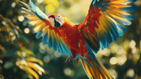 A close-up of a parrot colorful wings as it takes off from a perch in a tropical forest.の素材