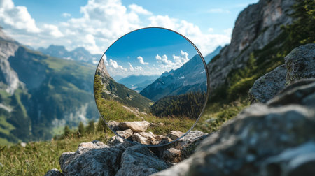 A close-up of a mirror reflecting a scenic mountain landscape, combining nature with reflection.の素材