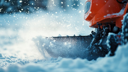 A close-up of a snowblower blade cutting through deep snow, clearing a driveway after a storm.の素材