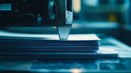A close-up of a paper cutter blade slicing through a stack of documents, with precision and ease.の素材