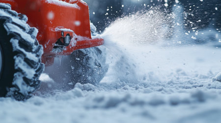 A close-up of a snowblower blade cutting through deep snow, clearing a driveway after a storm.の素材