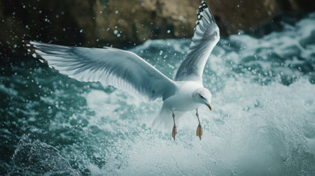 A detailed shot of a seagull wings as it swoops down to catch a fish near the shore.の素材