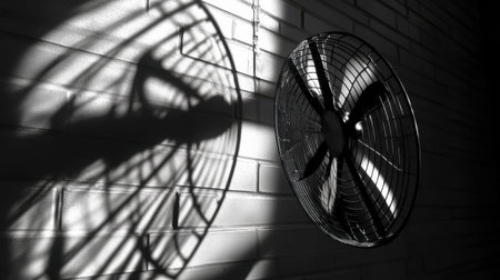A fan's metal blades creating a breeze, with shadows cast on the wall behind it.の素材