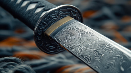 A detailed view of a samurai sword blade, with intricate patterns visible on the steel.の素材