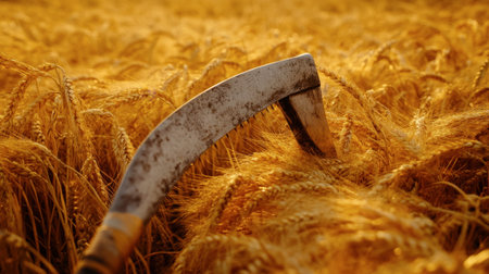A close-up of the blade of a scythe cutting through a field of golden wheat at harvest time.の素材