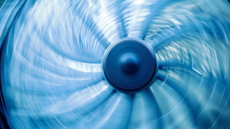 A fan's blades creating a blurred circle as they spin rapidly, cooling down a summer day.の素材