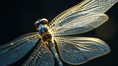 A detailed shot of a dragonfly translucent wings, with sunlight filtering through and highlighting the intricate veins.の素材