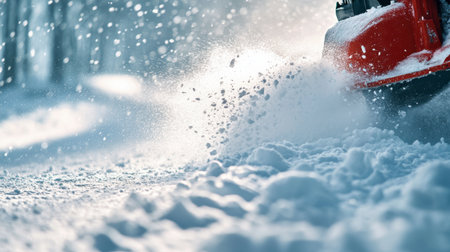 A close-up of a snowblower blade cutting through deep snow, clearing a driveway after a storm.の素材