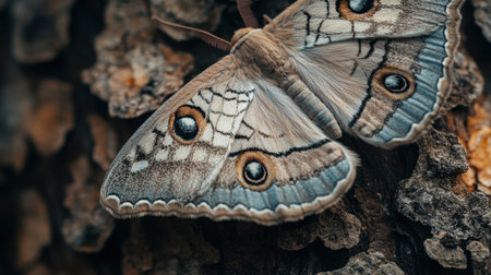 A detailed shot of a moth wings with intricate patterns, resting on a tree bark.の素材