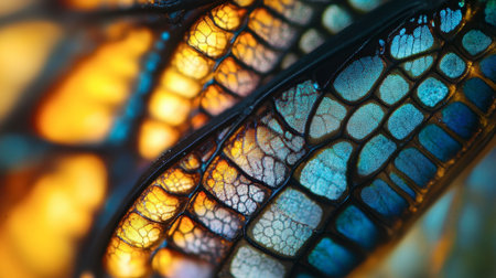 A close-up of an insect wings under a microscope, showing the tiny scales and intricate patterns.の素材