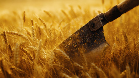 A close-up of the blade of a scythe cutting through a field of golden wheat at harvest time.の素材