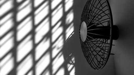 A fan's metal blades creating a breeze, with shadows cast on the wall behind it.の素材