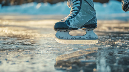 A close-up of an ice skate blade gliding smoothly across a frozen pond, leaving a sharp line behind.の素材