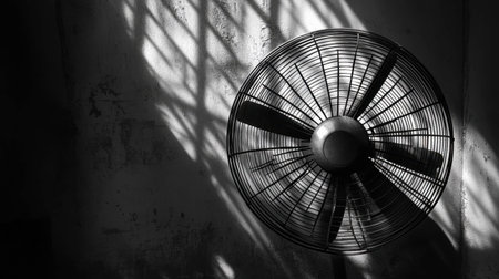 A fan's metal blades creating a breeze, with shadows cast on the wall behind it.の素材