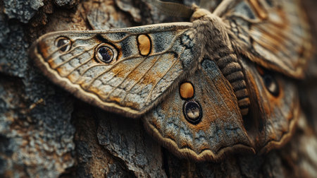 A detailed shot of a moth wings with intricate patterns, resting on a tree bark.の素材