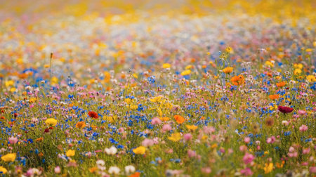 A field of vibrant wildflowers in full bloom, stretching as far as the eye can see.の素材